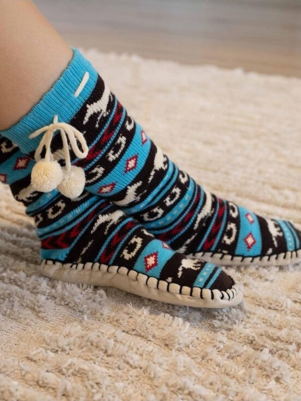 LAZY ONE Aztec Horse Pom-Pom Slipper Socks in Turquoise, Black and Cream L/XL